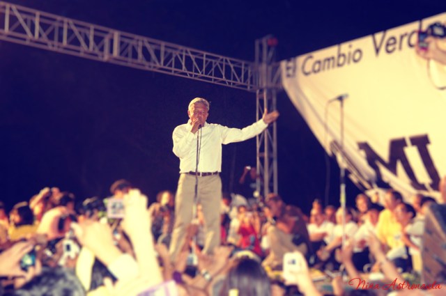 Andrés Manuel López Obrador on stage in a crowd during his unsuccessful 2012 presidential run in Orizaba, Veracruz