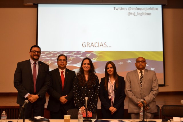 Eleazar Saldivia (LL.M. Candidate ’19); Domingo Salgado (Associate Justice, Supreme Court of Venezuela in Exile); Gisela Pérez (human rights lawyer and data journalist); Tamara Sujú (human rights lawyer, Executive Director of the CASLA Institute and Delegate of the World Jurist Association before the International Criminal Court); and José Sabino Zamora (Associate Justice, Supreme Court of Venezuela in Exile).