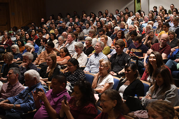 A packed Sibley Auditorium listens to Allende and Hochschild, February 2020. (Photo by Peg Skorpinski.)