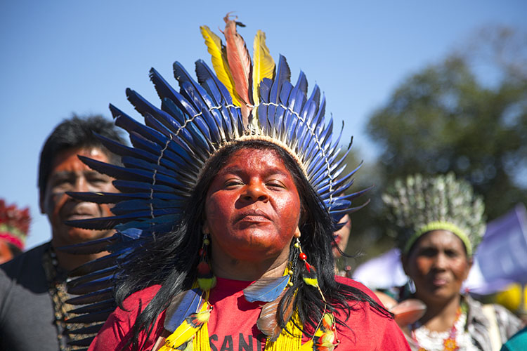 A participant in the Indigenous Women's March in Brasilia, September 2019. 