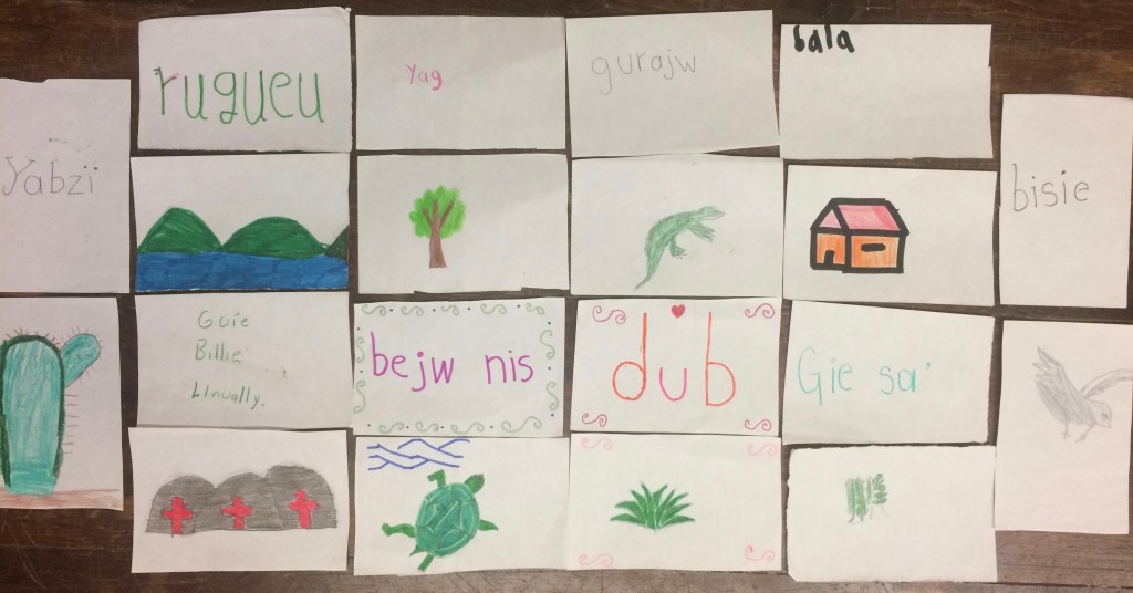 Zapotec language flashcards created by children in Teotitlán del Valle, Oaxaca, Mexico.
