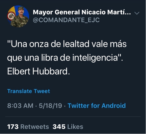 Major General Nicacio Martínez's Tweetm metioned above. (Capture by the author of this blog post. Retrieved on 5/18/19.)