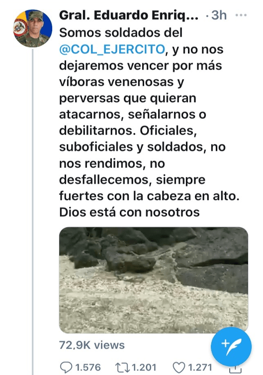 Tweet by General Eduardo Enrique Zapateiro Altamirano mentioned above. (Capture by the author of this blog post. Retrieved on 02/20/2021)