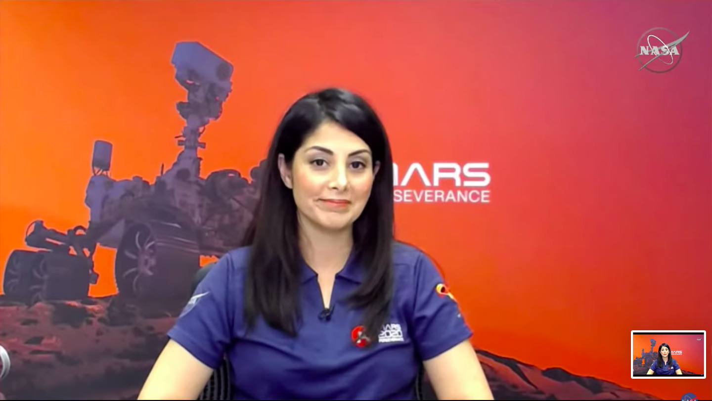 Diana Trujillo, aerospace engineer at the NASA Jet Propulsion Laboratory. Screenshot from "Juntos perseveramos: El aterrizaje del rover Perseverance en Marte" ("Together We Persevere: The Landing of the Perseverance Rover on Mars"). (From NASA En Español YouTube Channel, February 21, 2021.)