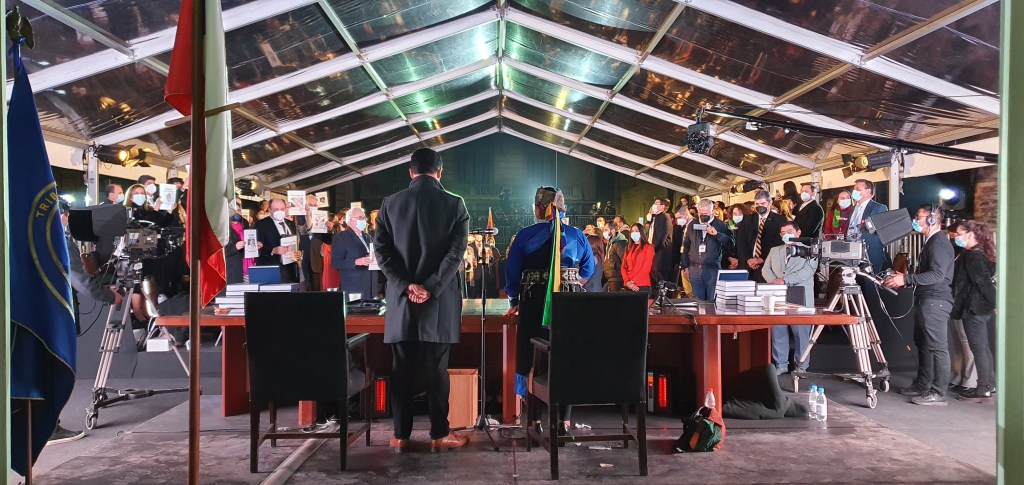 The President of the Chilean Constitutional Commission, Elisa Loncón, asks for a minute of silence for all the people who lost their life fighting to make Chile a better place to open the first meeting of the Chilean Constitutional Convention, July 4, 2021. (Photo by Cristina Dorador.)