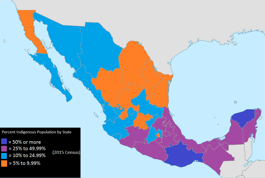 Indigenous share of the population in various regions of Mexico as of the 2015 census. Indigenous populations are concentrated in the center and south of Mexico. (Image by TexanAztec.)