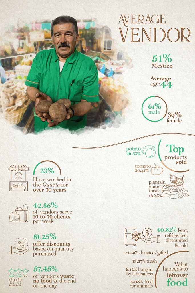 An infographic outlining the characteristics of an average vendor at the Galería El Porvenir, Cali, Colombia. (Image by Carolina Polo.)