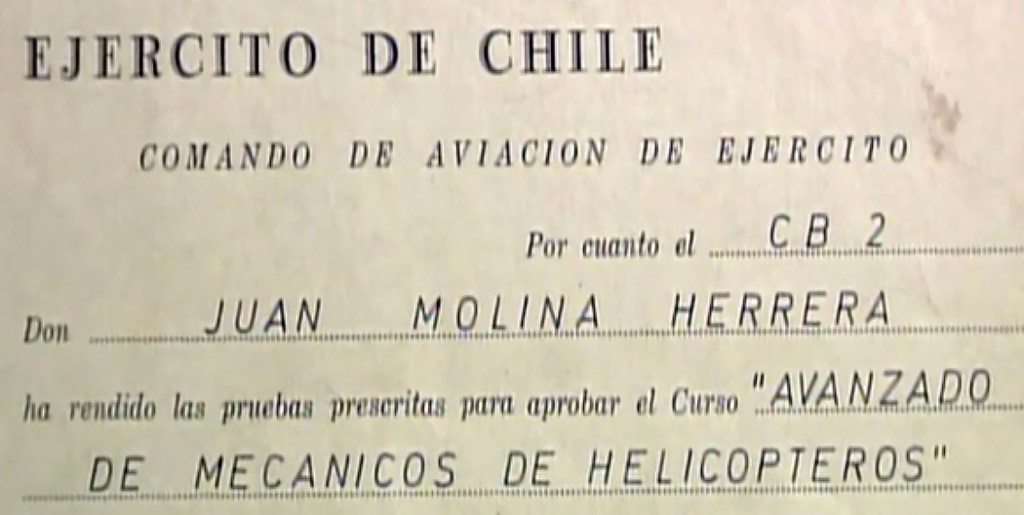 Certification that Molina passed the Chilean Army's advanced helicopter mechanic course, 1978.