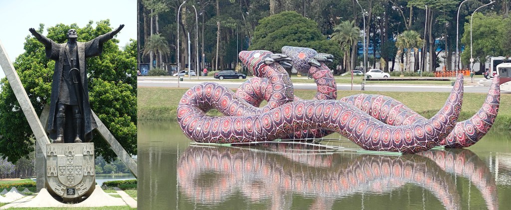 The serpents of Esbell keep a watchful eye on the statue of Cabral in Ibirapuera Park, São Paulo, Brazil.