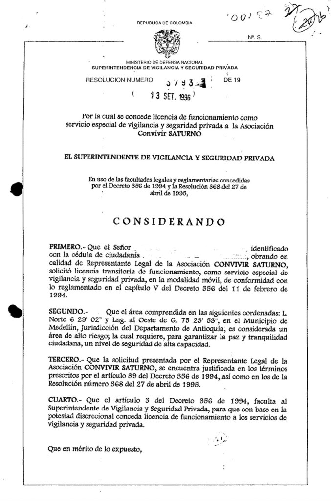 Document issued as a license to form a Convivir group in Colombia, found as part of Lily Medina's search of government records.