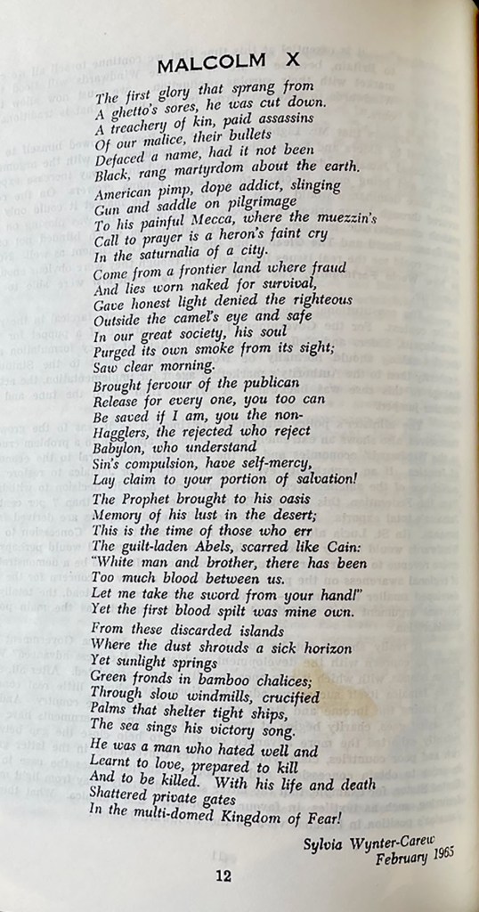 A page from a book featuring a poem titled 'MALCOLM X' by Sylvia Wynter-Carew, dated February 1965. The text includes themes of struggle, identity, and socio-political commentary.