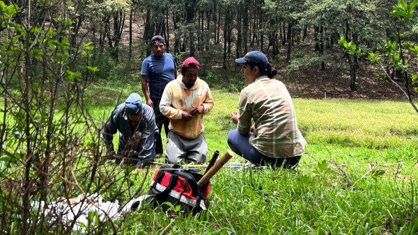 A group of researchers engaging in fieldwork in a rural area of Oaxaca, Mexico, surrounded by a forested landscape.