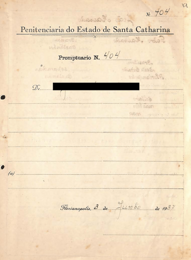 A historical document from the Santa Catarina State Penitentiary in Brazil, dated June 3, 1937, with details left blank, indicating a record related to juvenile incarceration.