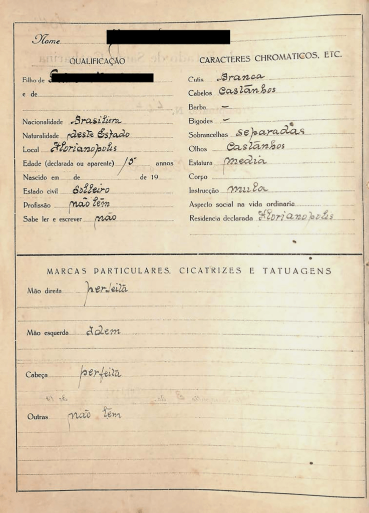 Old Brazilian prison identification form template containing personal and identifying information, including fields for name, nationality, age, profession, and physical characteristics.
