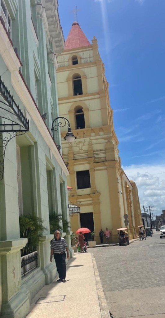 Color photo of the La Iglesia de la Soledad church steeple in Cuba in 2025.
