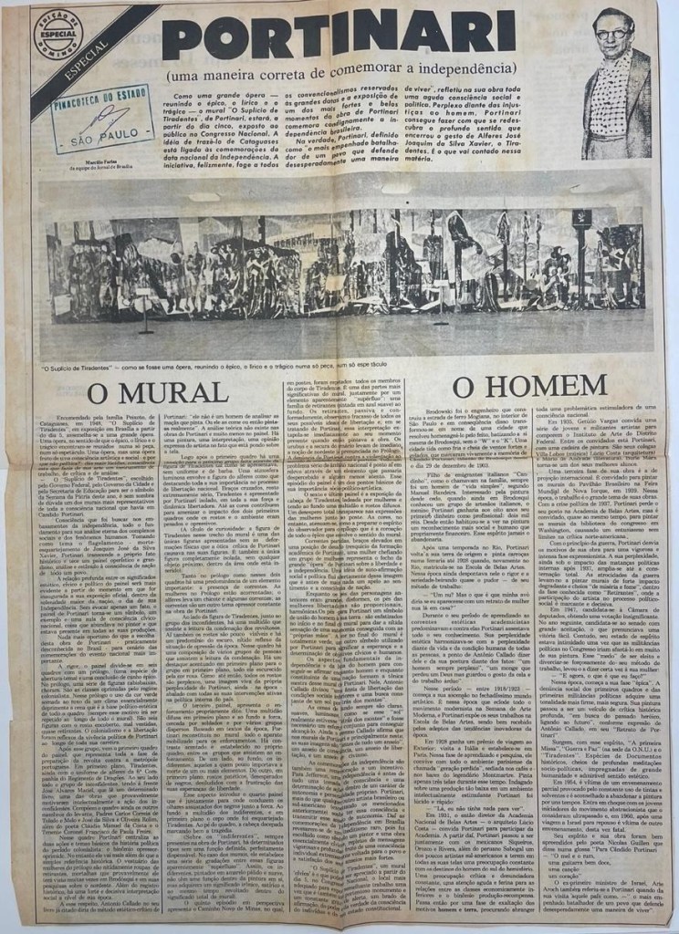 A page of a newspaper article titled "“Portinari: Uma maneira correta de comemorar a independência” (“Portinari: A proper way to celebrate Independence”).