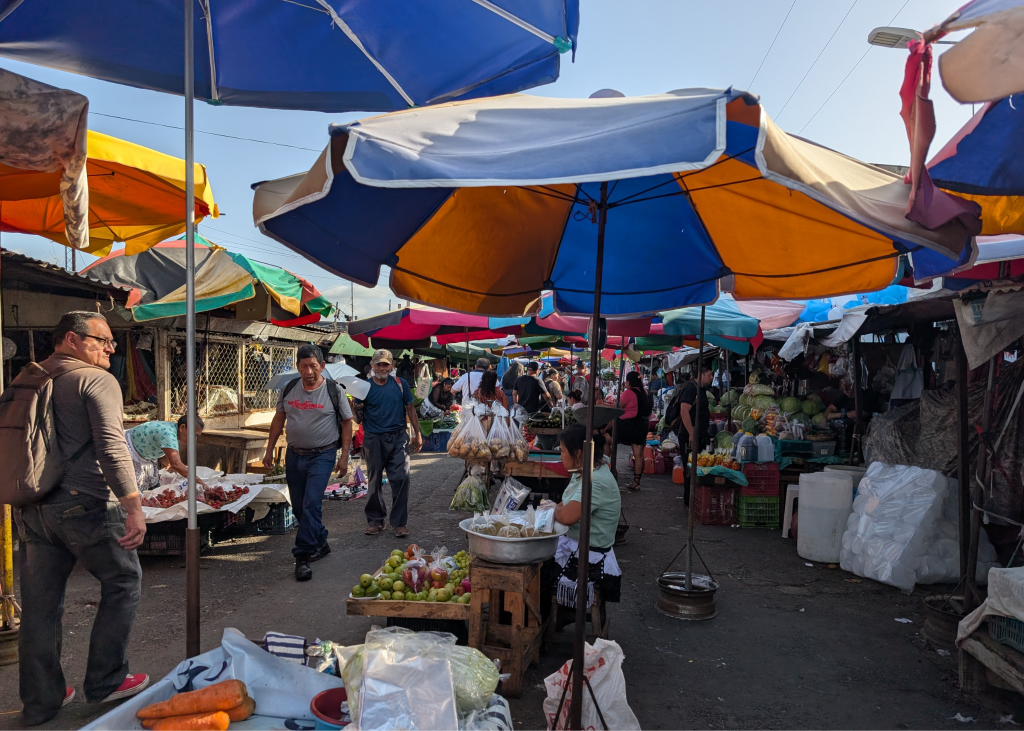 Street view through a market, with vendors and shoppers strolling the colorful stalls.