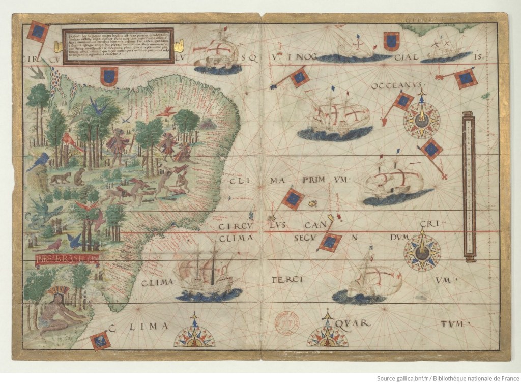 An ancient map depicting the eastern coast of South America, featuring illustrations of wildlife and indigenous people, along with navigational lines and ships in the ocean. The map includes labels indicating geographical features and climate zones.
